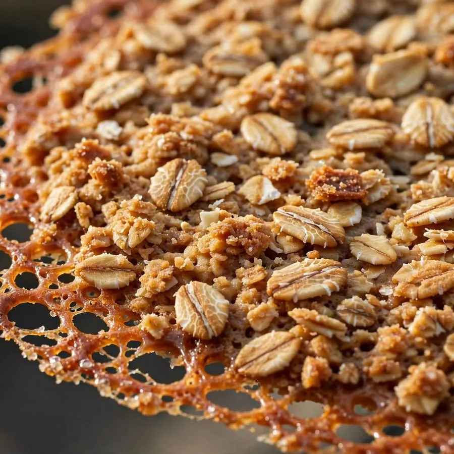 Lacy caramelized edges and rolled oats on the thin crispy cookie