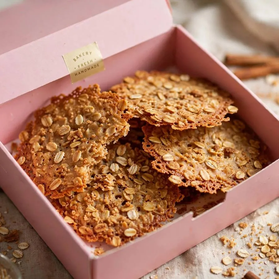 Thin crispy oatmeal cookies presented in a pink Crumbl bakery box