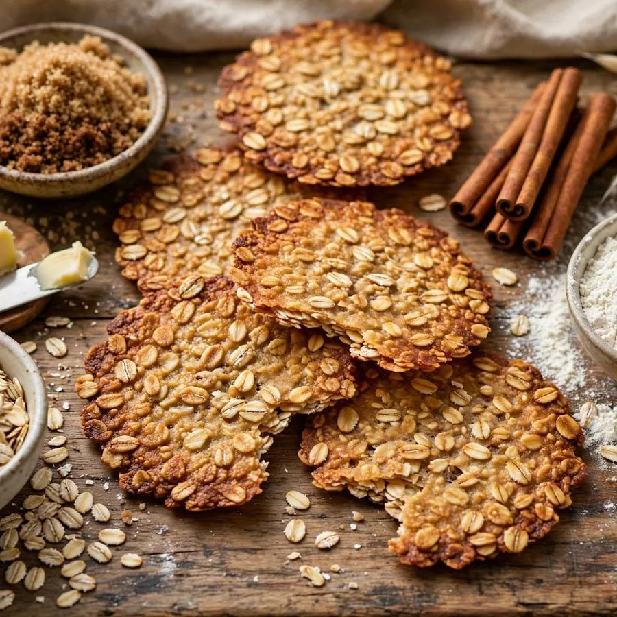 Oatmeal thins with rolled oats, butter, brown sugar and cinnamon on a wooden table