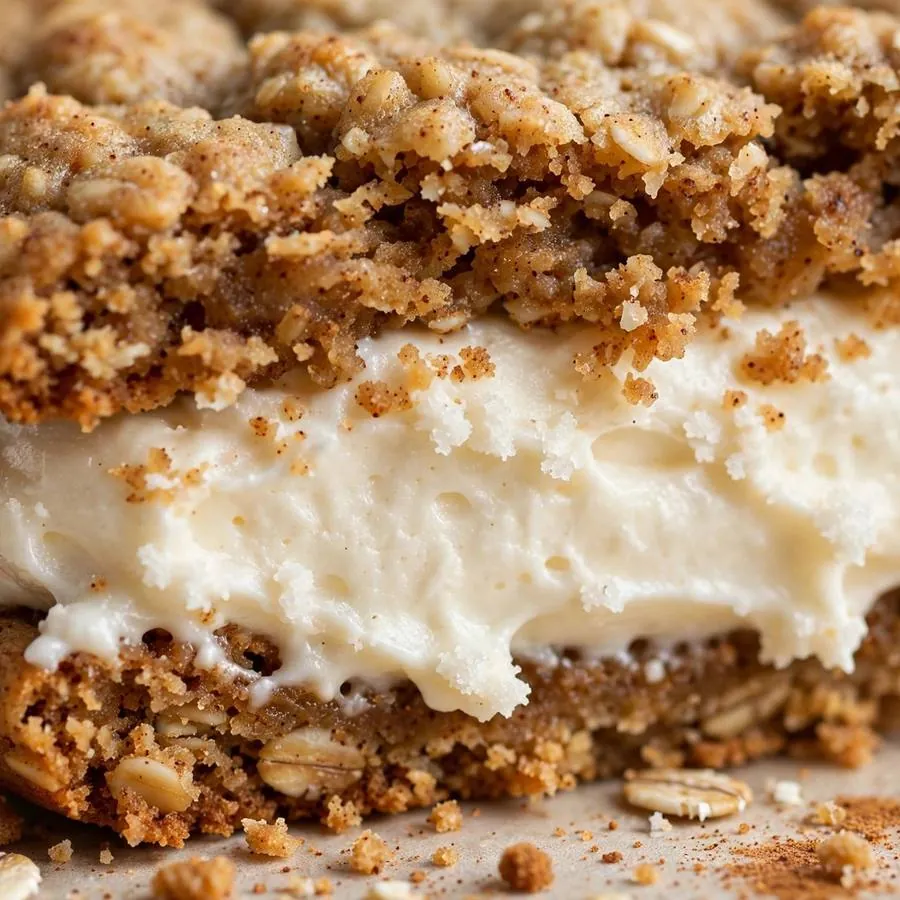 Extreme close-up of the Oatmeal Creme Pie Crumbl Cookie showing creme filling sandwiched between spiced oatmeal cookies detail