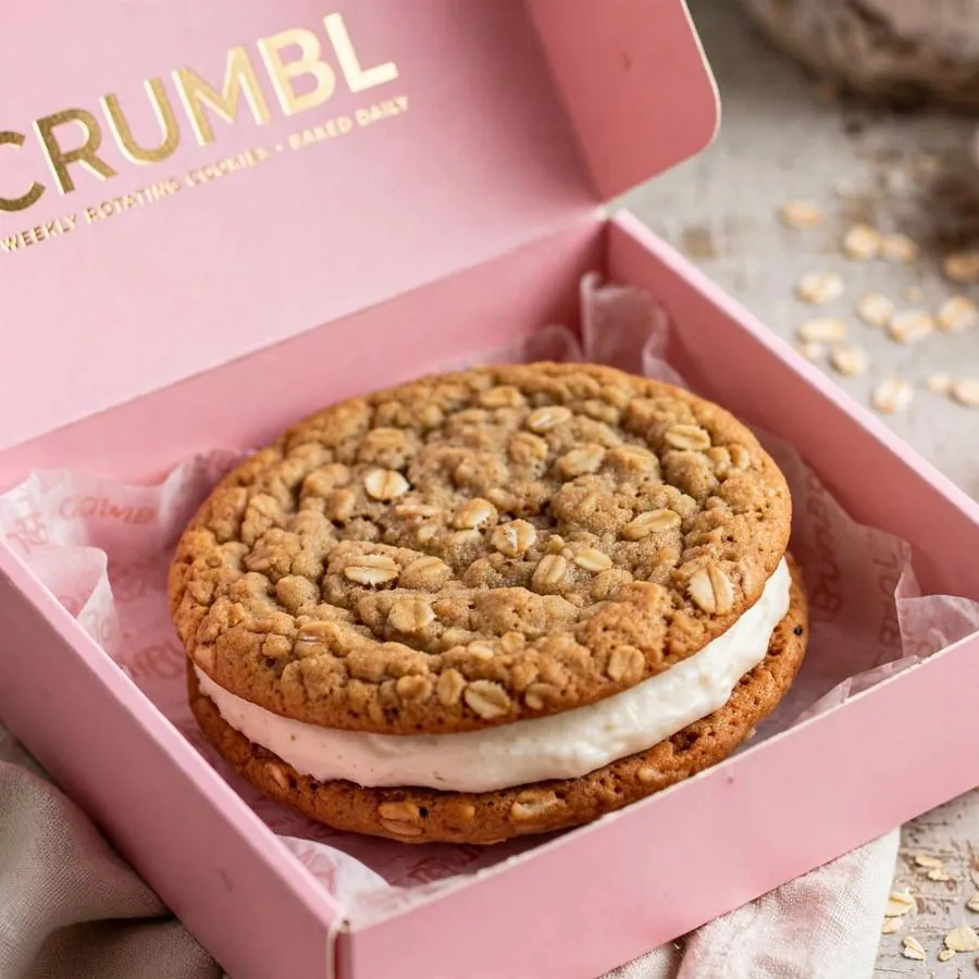 Oatmeal Creme Pie Crumbl Cookie served in a pink bakery box