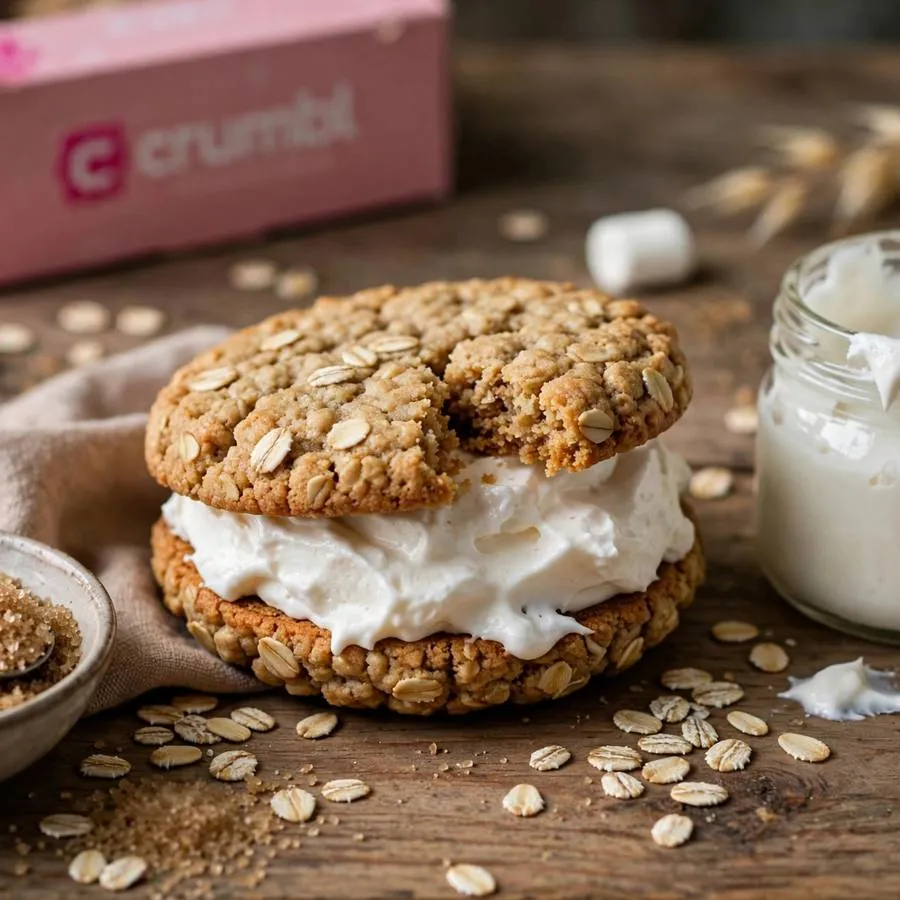 Oatmeal Creme Pie Crumbl Cookie with rolled oats, marshmallow creme and brown sugar arranged on a rustic wooden table