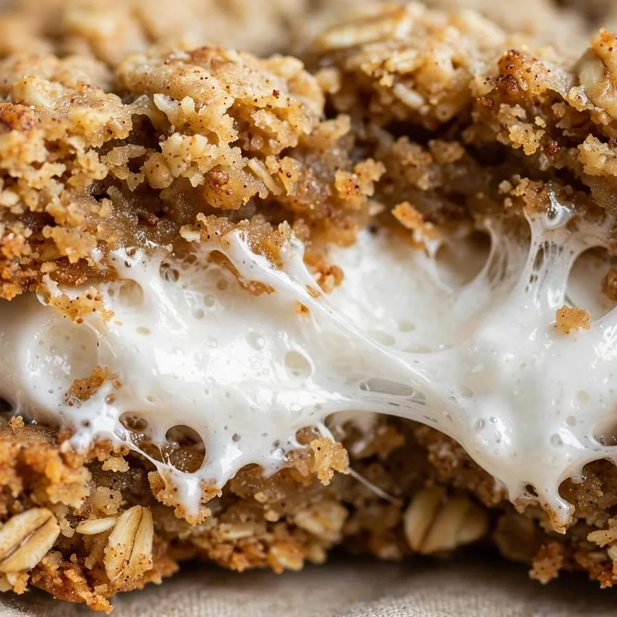 Marshmallow filling between chewy oatmeal cookies