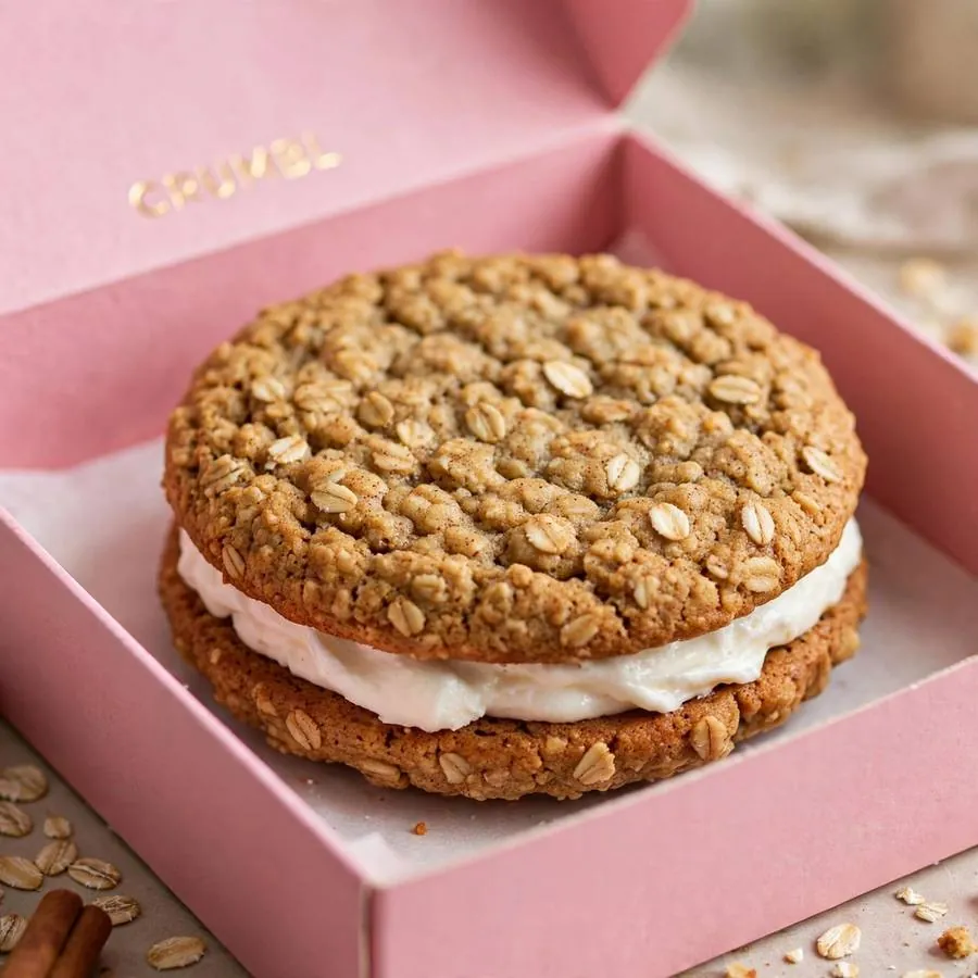 Oatmeal Mallow Sandwich cookie in a pink bakery box