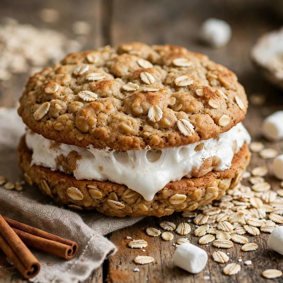 Oatmeal Mallow Sandwich cookie with oats, marshmallows and cinnamon on a wooden table