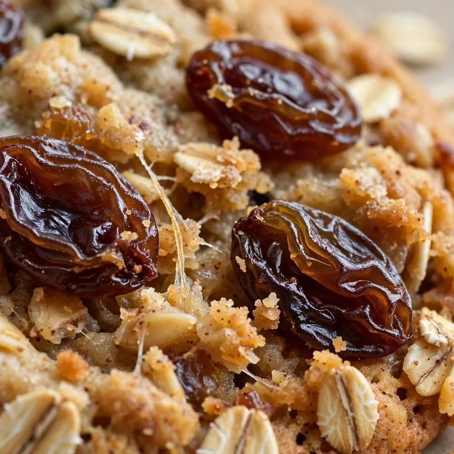 Extreme close-up of plump raisins and oat flakes in a chewy oatmeal cookie