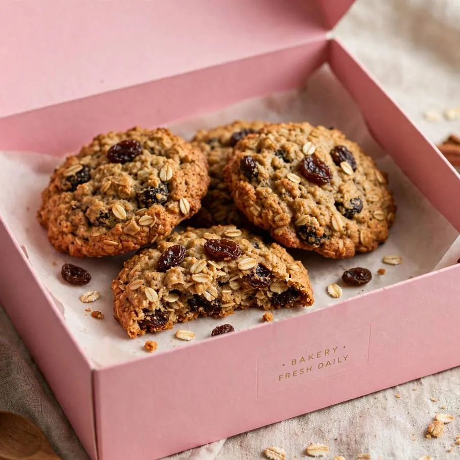 Oatmeal raisin cookie served in a pink bakery box