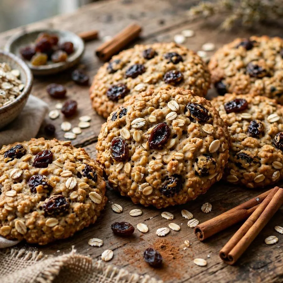 Oatmeal raisin cookie beside rolled oats, plump raisins and cinnamon on a wooden table