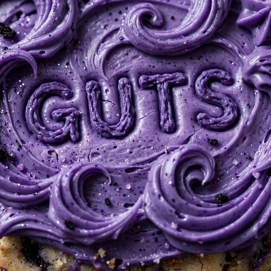 Purple frosting swirls on Olivia Rodrigo GUTS Cookie