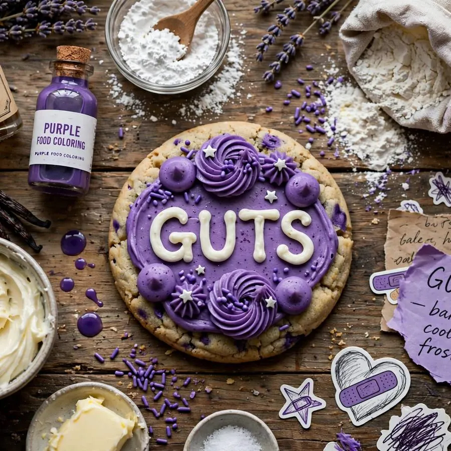 Olivia Rodrigo GUTS Cookie with purple food coloring, vanilla frosting and sugar