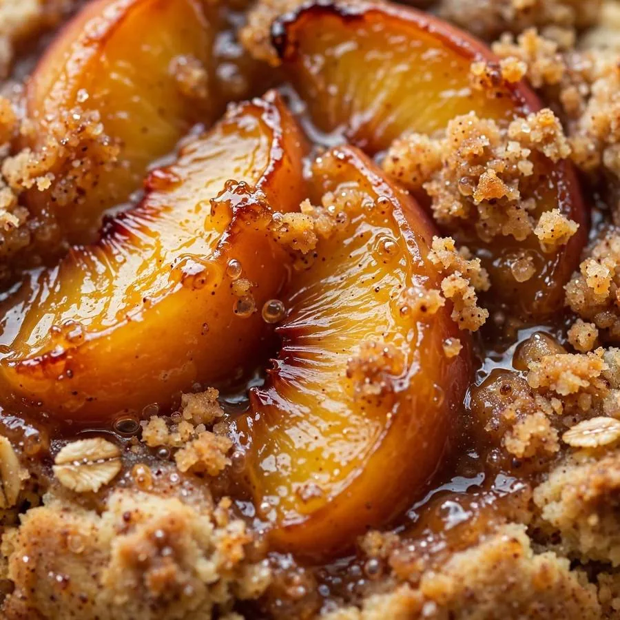 Caramelized peach slices and golden cobbler streusel on the cookie