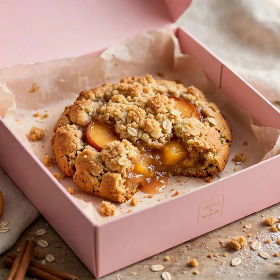 Peach cobbler cookie presented in a pink Crumbl bakery box