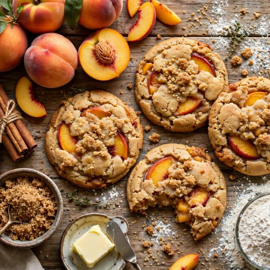 Peach cobbler cookie with fresh peaches, cinnamon and brown sugar on a wooden table