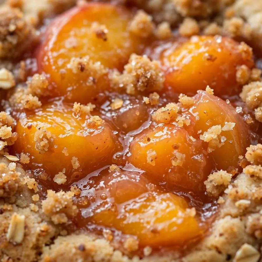 Extreme close-up of the Peach Pie Crumbl Cookie showing peach pie filling under buttery streusel crumb detail