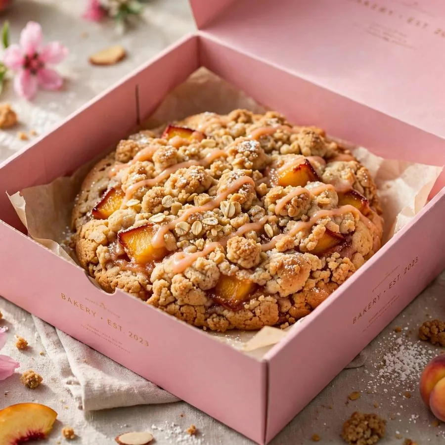Peach Pie Crumbl Cookie served in a pink bakery box