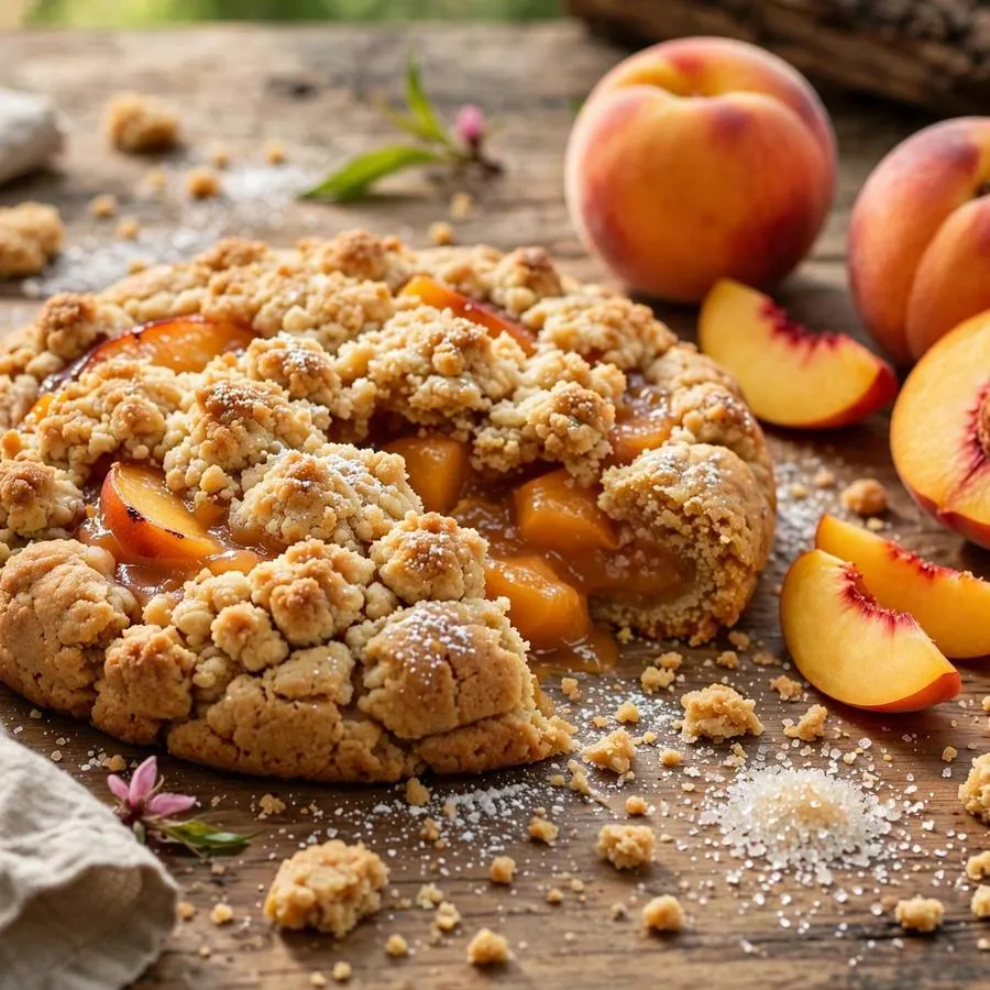 Peach Pie Crumbl Cookie with fresh peaches, pie crust crumbs and sugar arranged on a rustic wooden table