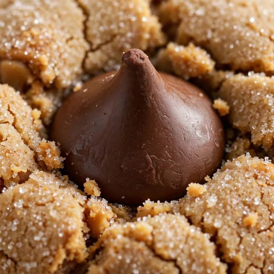 Chocolate kiss candy pressed into a sugar-coated peanut butter cookie