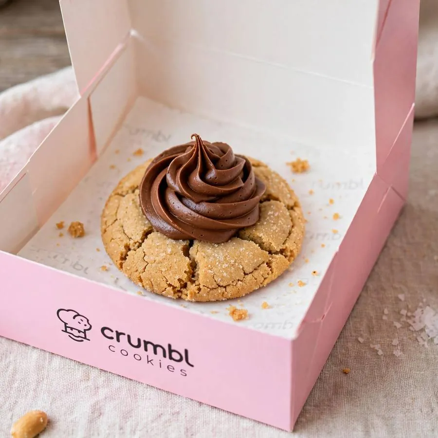 Peanut Butter Blossom cookie in a pink bakery box