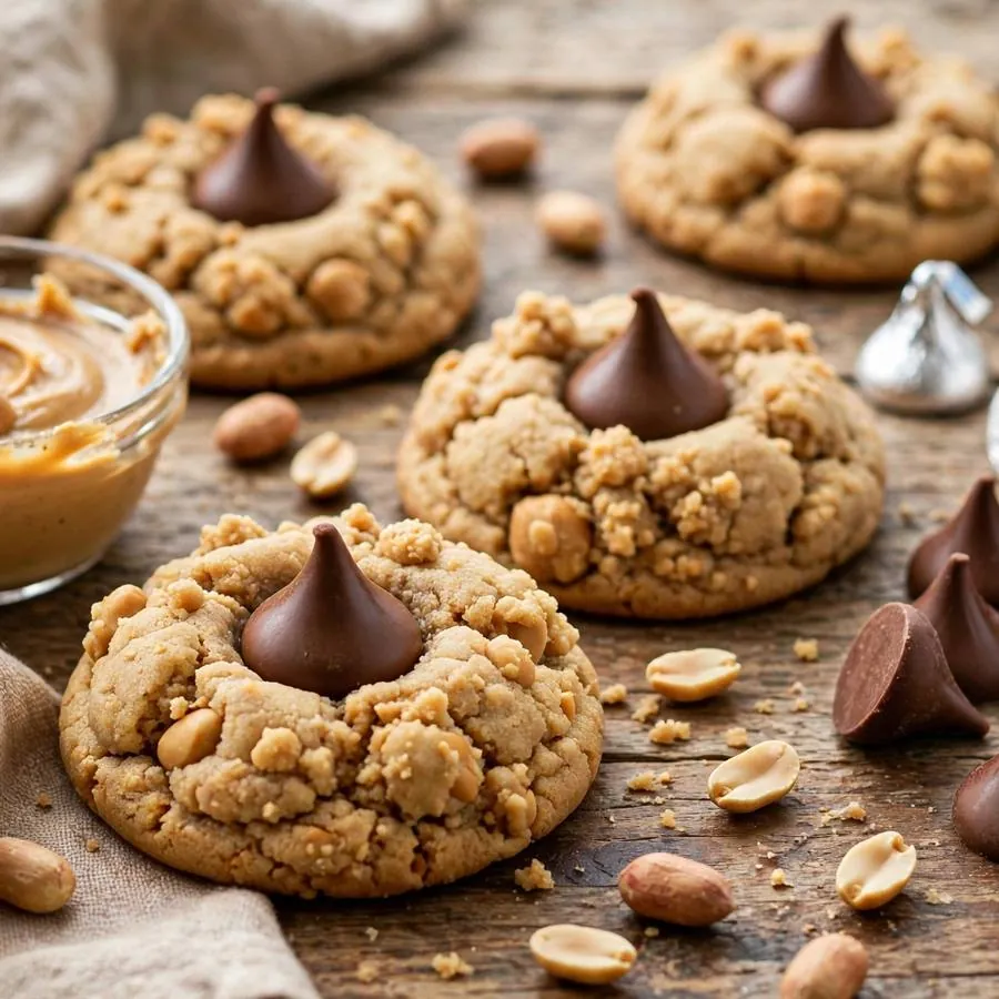 Peanut Butter Blossom cookie with peanuts, chocolate kisses and peanut butter on a wooden table