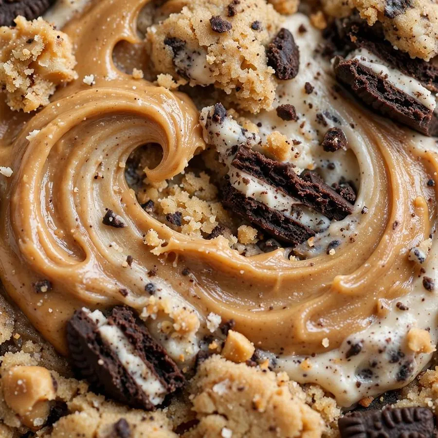 Extreme close-up of peanut butter swirls and crushed cookie pieces on a cookie
