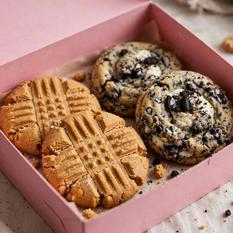 Peanut butter cookies and cream cookie served in a pink bakery box