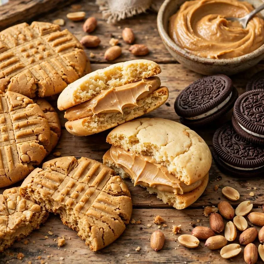 Peanut butter cookies and cream cookie beside peanut butter, sandwich cookies and roasted peanuts on a wooden table