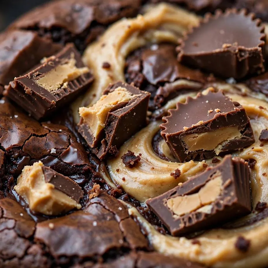 Extreme close-up of peanut butter cup pieces and peanut butter swirls on a fudgy brownie cookie