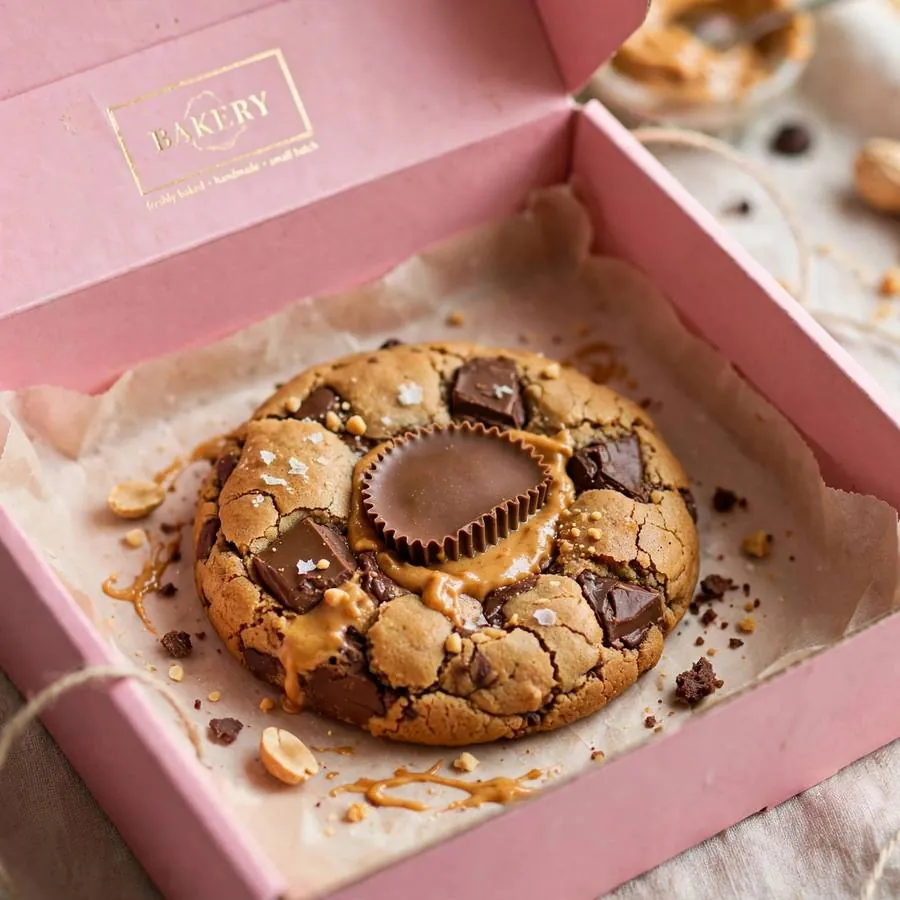 Peanut butter cup brownie cookie served in a pink bakery box