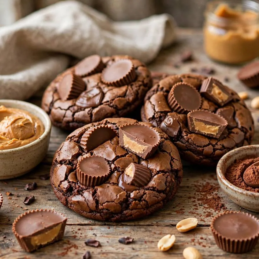 Peanut butter cup brownie cookie beside peanut butter cups, creamy peanut butter and cocoa on a wooden table