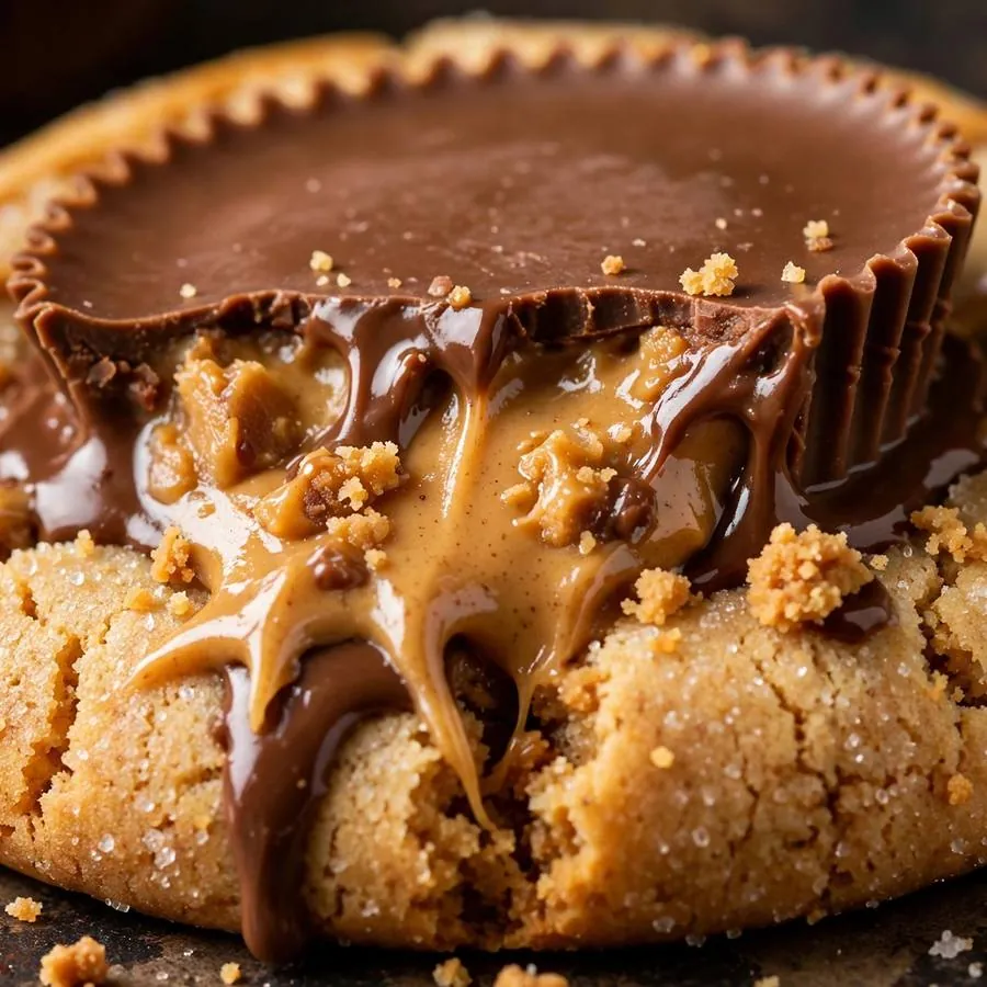 Melty Reese's peanut butter cup on Peanut Butter Cup Crumbl Cookie ft Reese's
