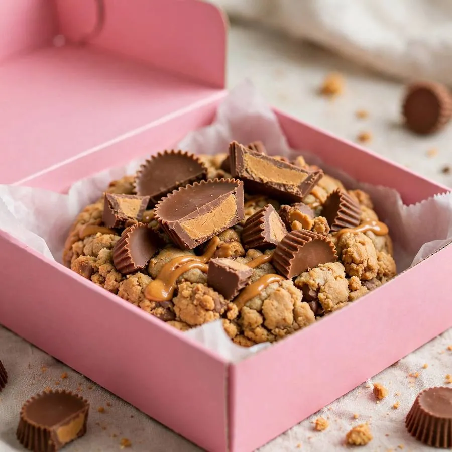 Peanut Butter Cup Crumbl Cookie ft Reese's in a pink bakery box