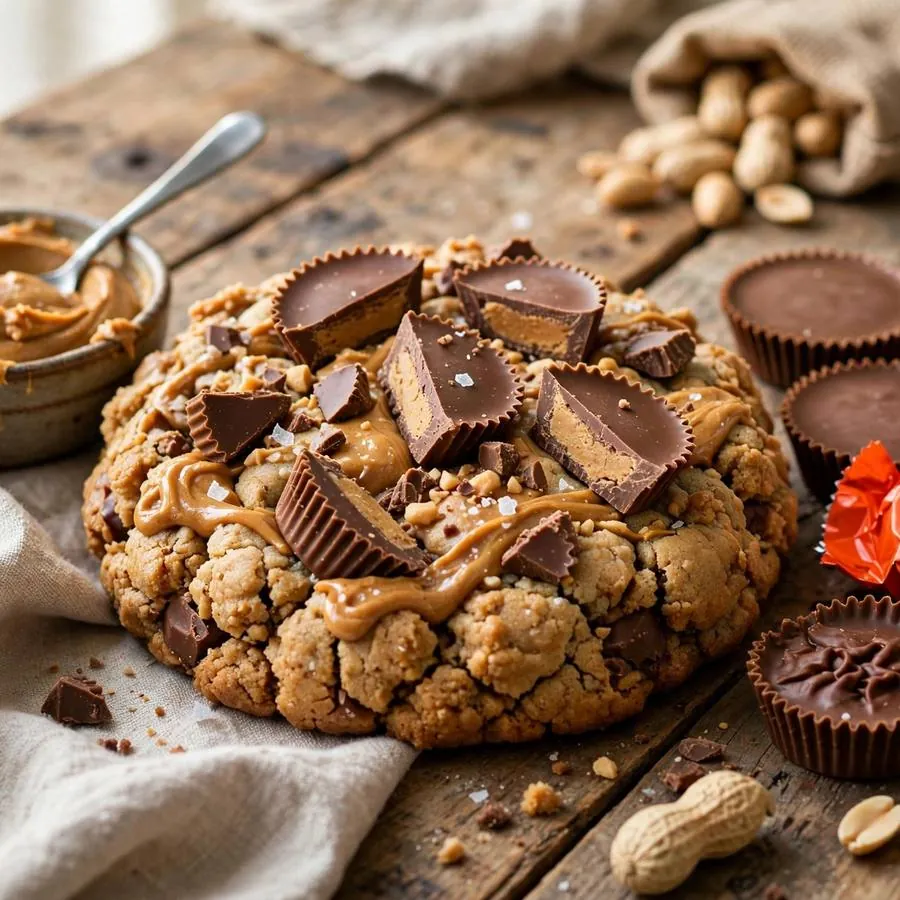 Peanut Butter Cup Crumbl Cookie ft Reese's with Reese's cups, peanut butter and chocolate