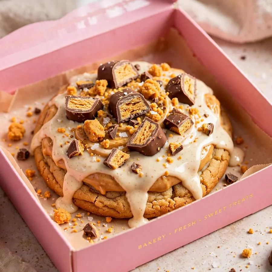 Peanut Butter Milkshake Cookie ft Butterfinger in a pink bakery box