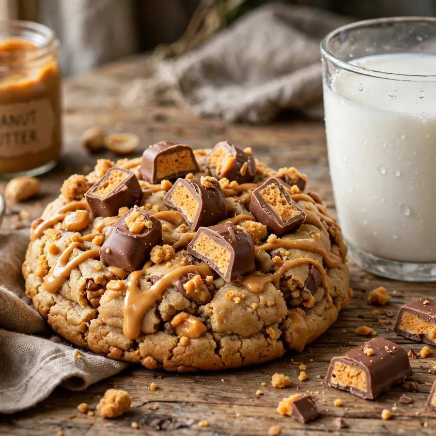Peanut Butter Milkshake Cookie ft Butterfinger with Butterfinger candy pieces, a glass of milk and peanut butter