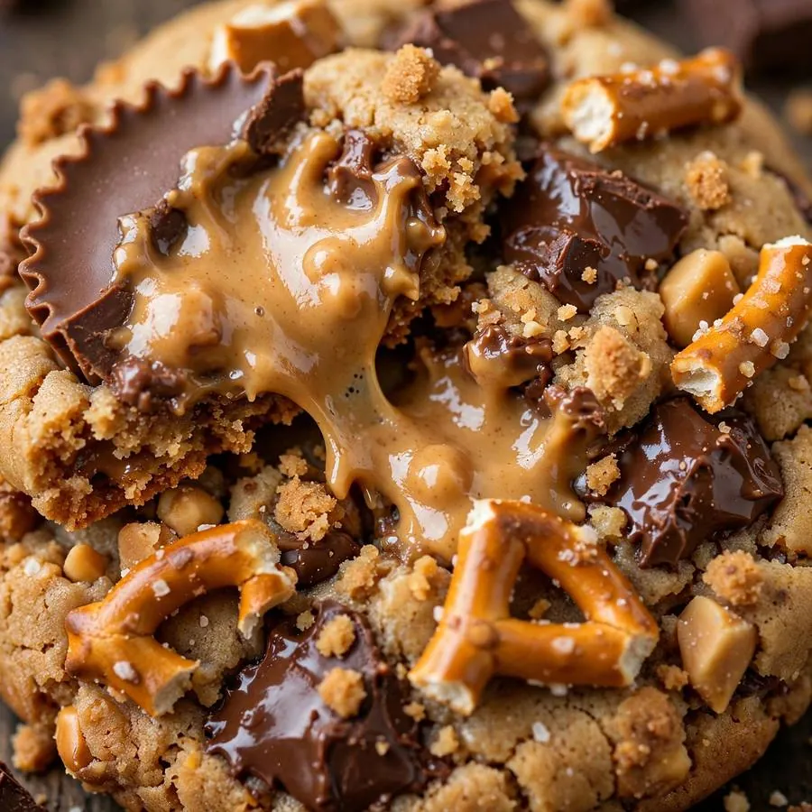 Melted peanut butter cups, chocolate chunks and pretzels on the munch cookie