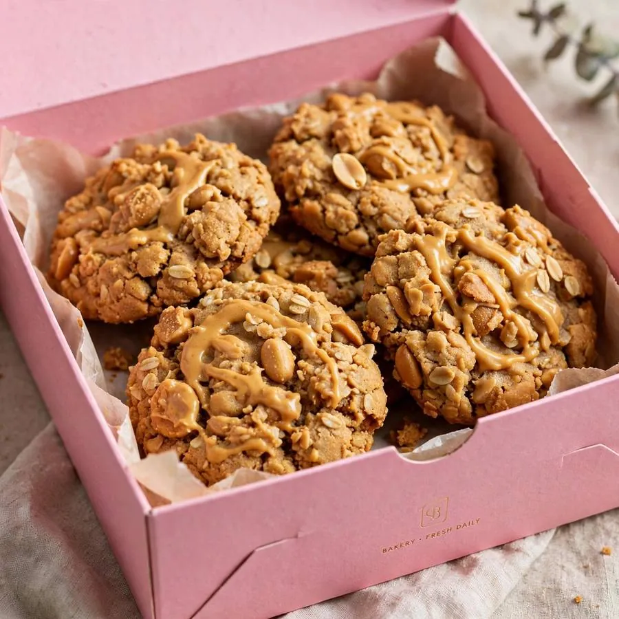 Peanut butter munch cookie presented in a pink Crumbl bakery box