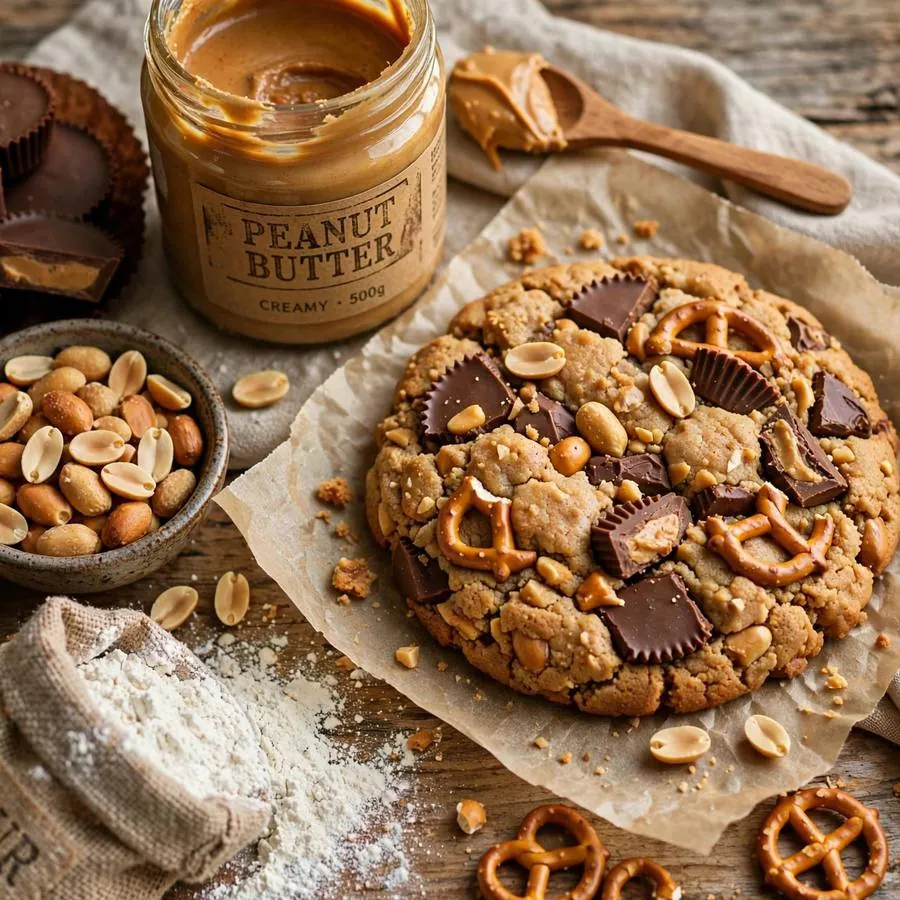 Peanut butter munch cookie with peanut butter, peanut butter cups and pretzels on a wooden table