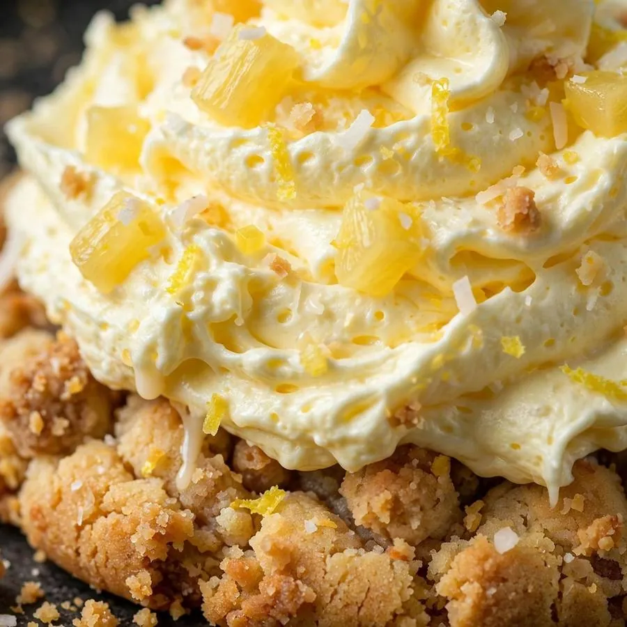 Extreme close-up of the Pineapple Whip Crumbl Cookie showing fluffy whipped pineapple frosting peaks detail