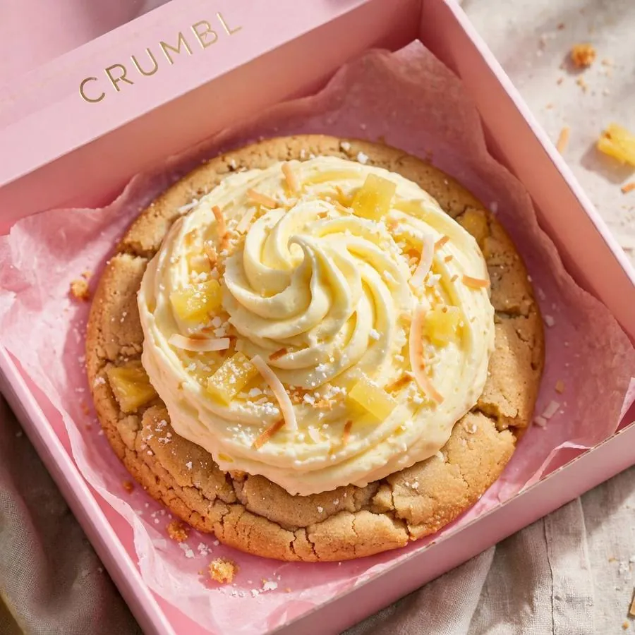 Pineapple Whip Crumbl Cookie served in a pink bakery box