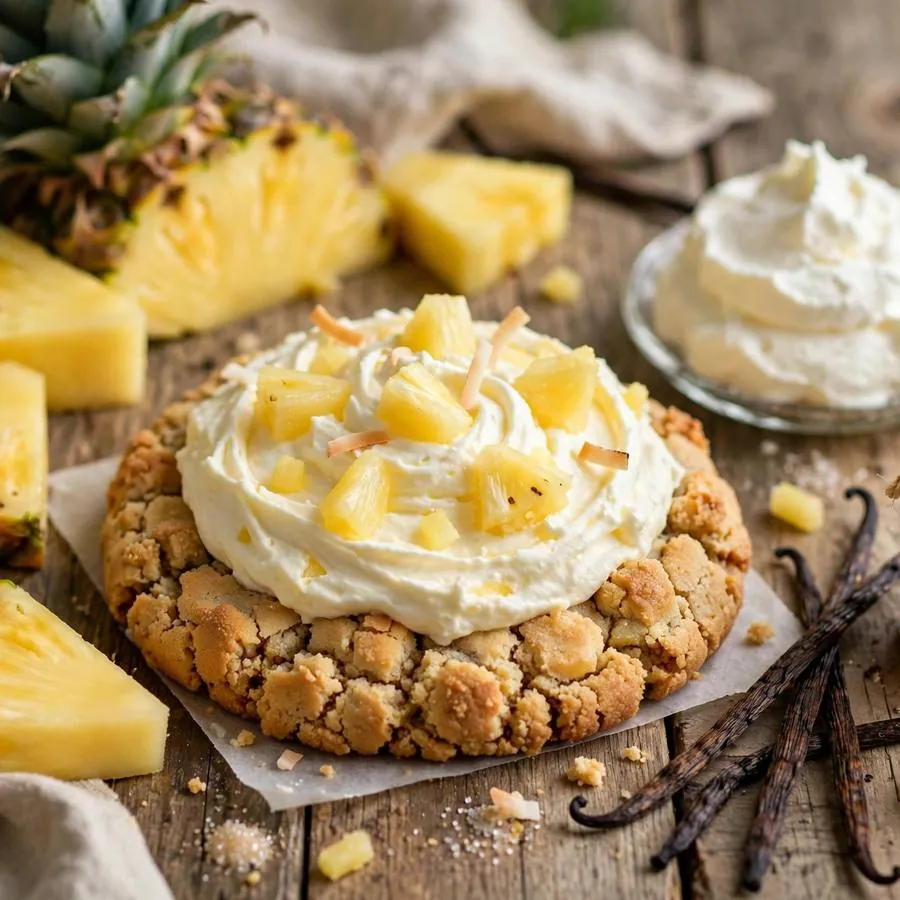 Pineapple Whip Crumbl Cookie with fresh pineapple, whipped cream and vanilla arranged on a rustic wooden table