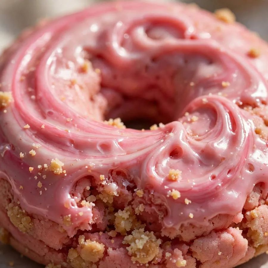 Pink glaze swirl over a soft doughnut-textured cookie