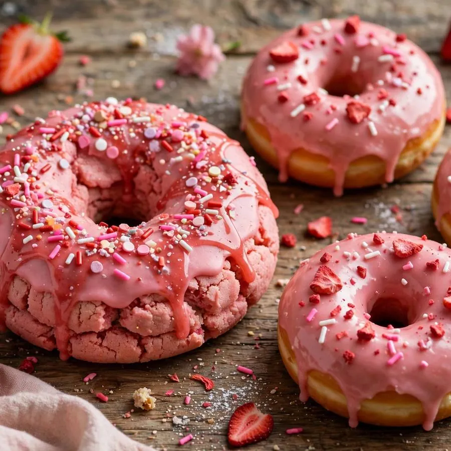 Pink Doughnut cookie with pink glazed doughnuts and sprinkles on a wooden table