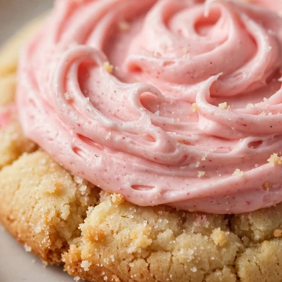 Swirled pink vanilla frosting on the soft sugar cookie