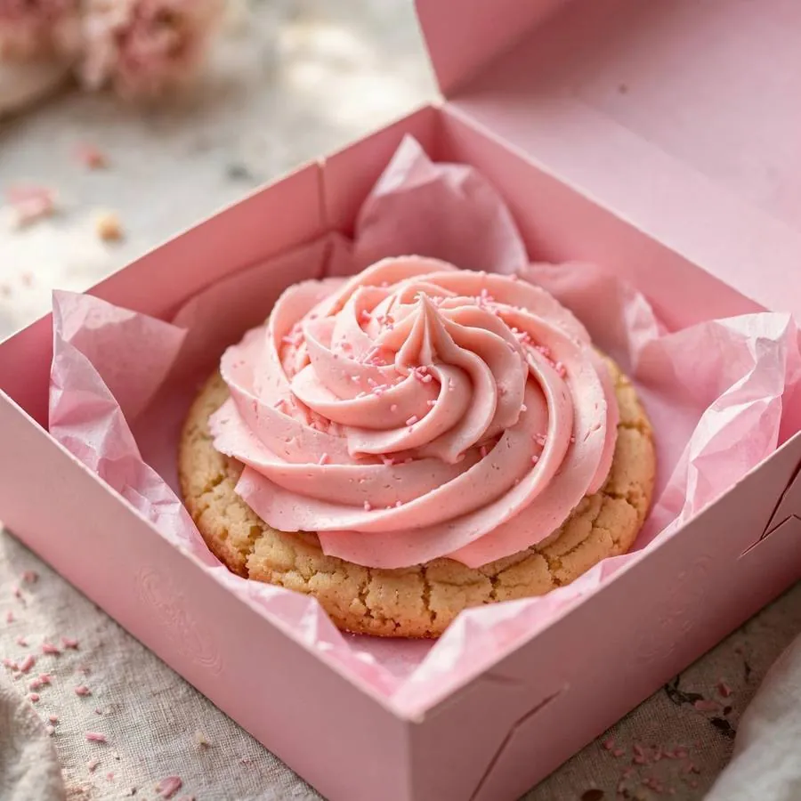 Pink sugar cookie with pink frosting in a pink Crumbl bakery box