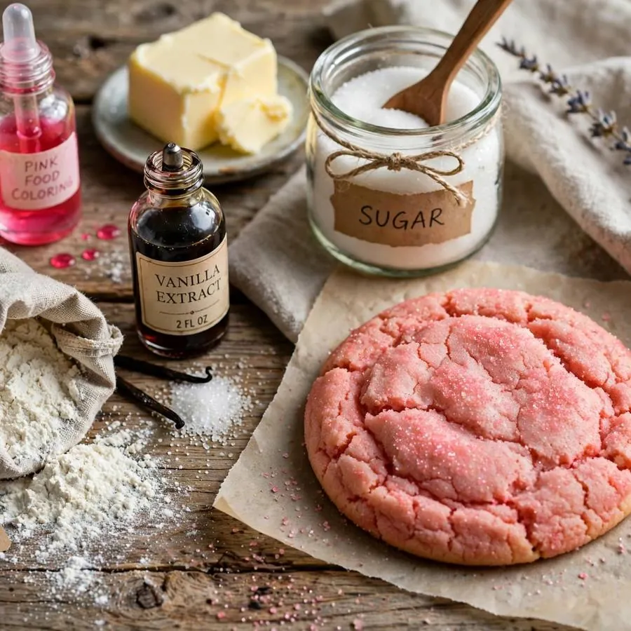 Pink sugar cookie with pink food coloring, butter and vanilla on a wooden table
