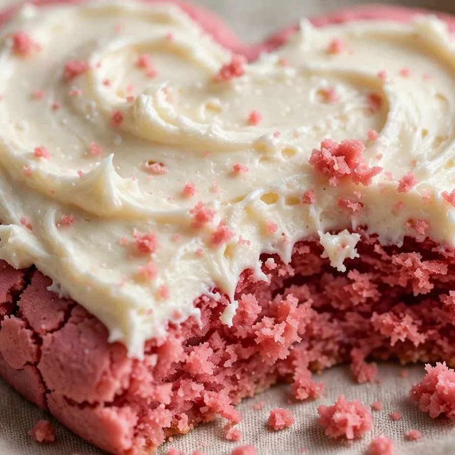 Extreme close-up of pink velvet crumb and cream cheese frosting on a heart-shaped cookie