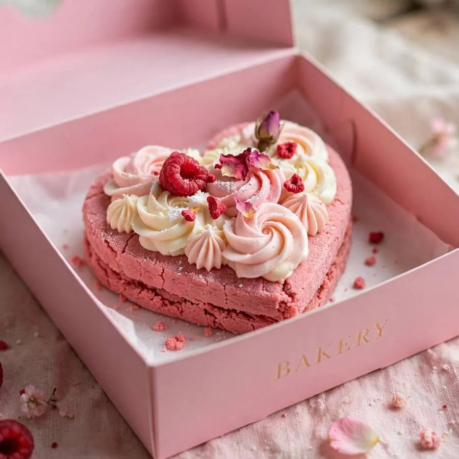 Pink velvet heart cake cookie served in a pink bakery box