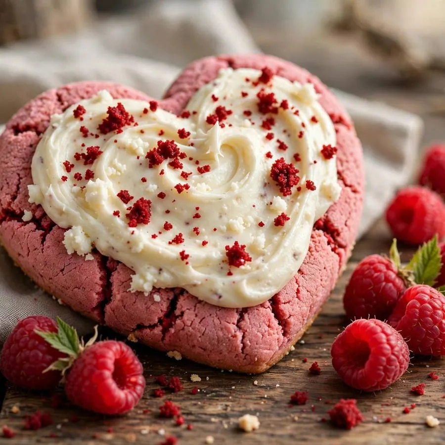 Pink velvet heart cookie beside cream cheese frosting, red velvet crumbs and raspberries on a wooden table