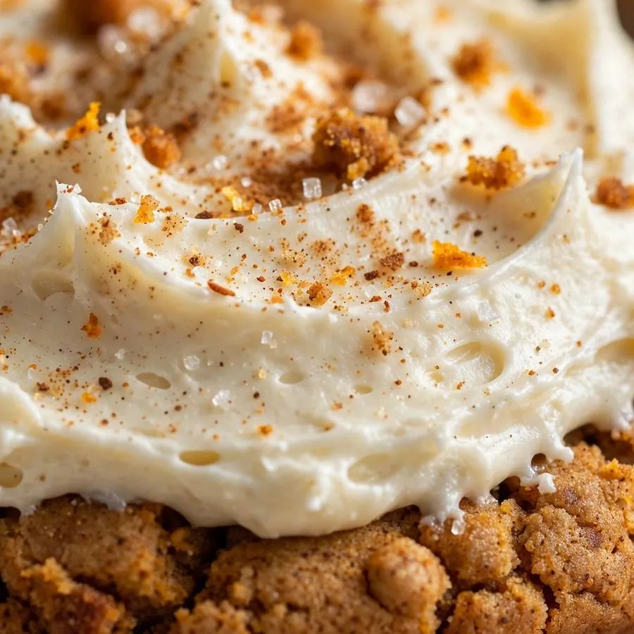 Cream cheese frosting and pumpkin spice on Pumpkin Cake Crumbl