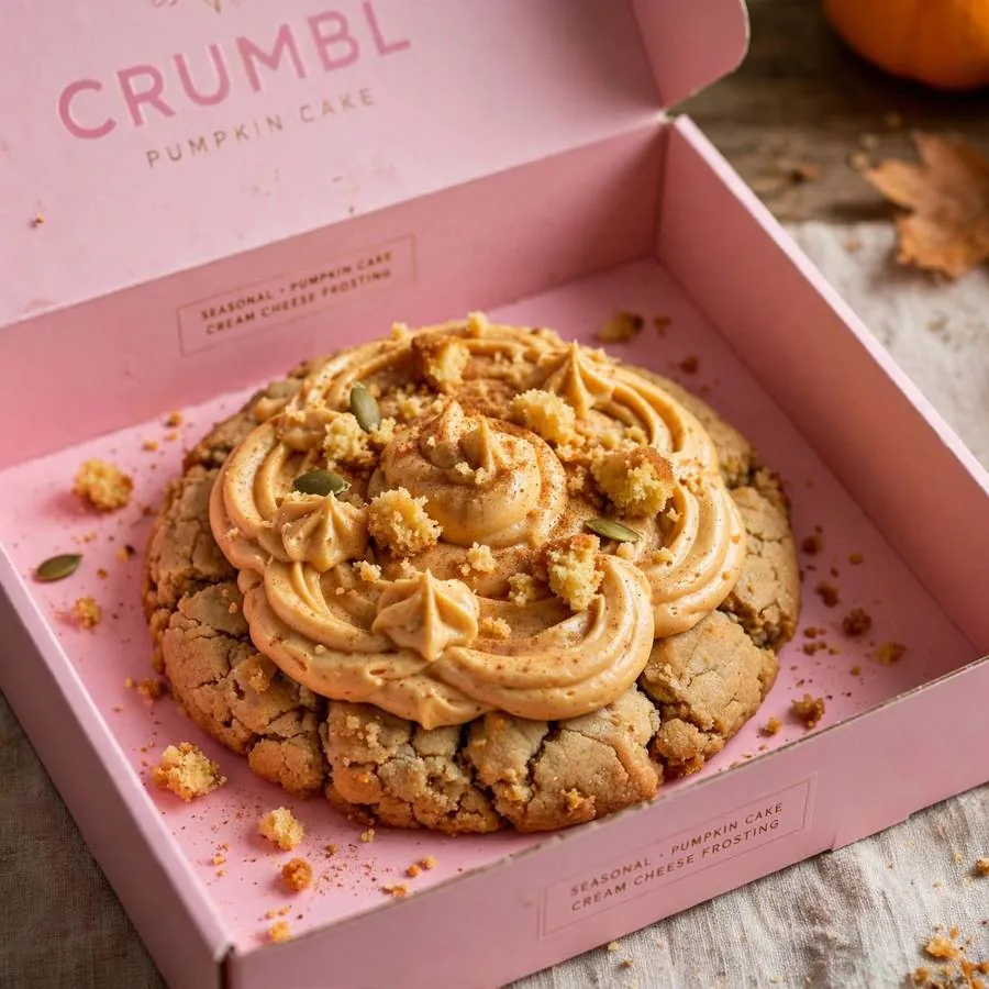 Pumpkin Cake Crumbl in a pink bakery box